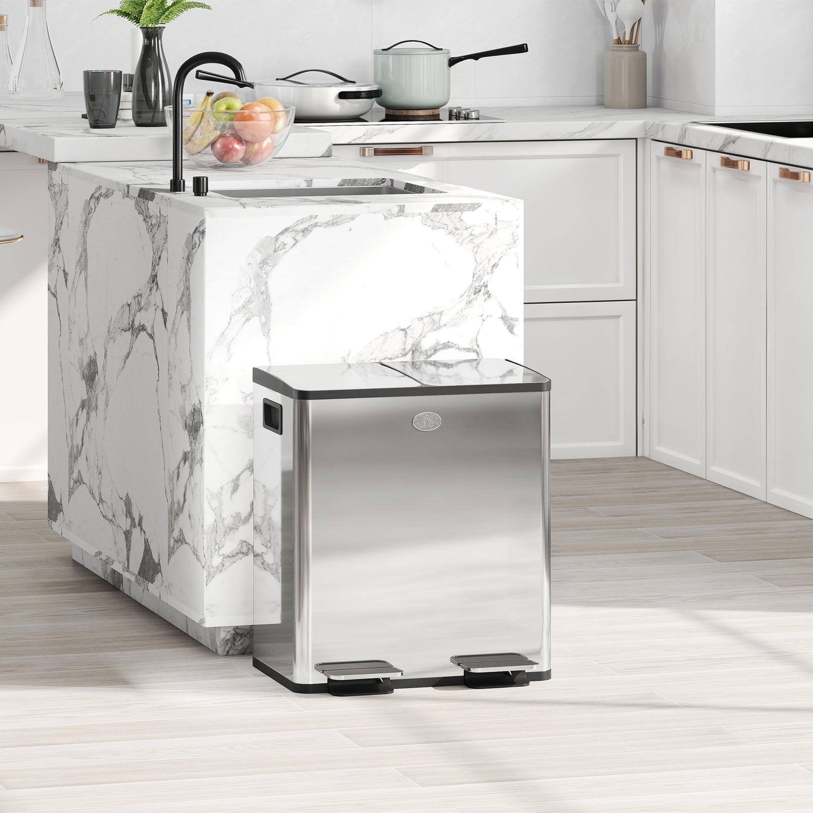 40L Dual Compartment Stainless Steel Bin, with Deodoriser Holders - Silver Tone