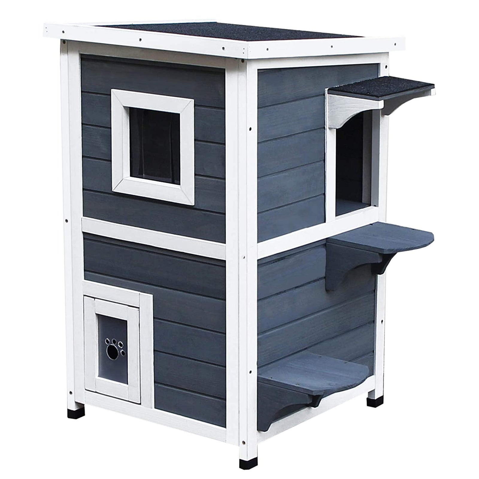 Wooden Cat House 2-Floor Outdoor Kitten Shelter with Window Grey