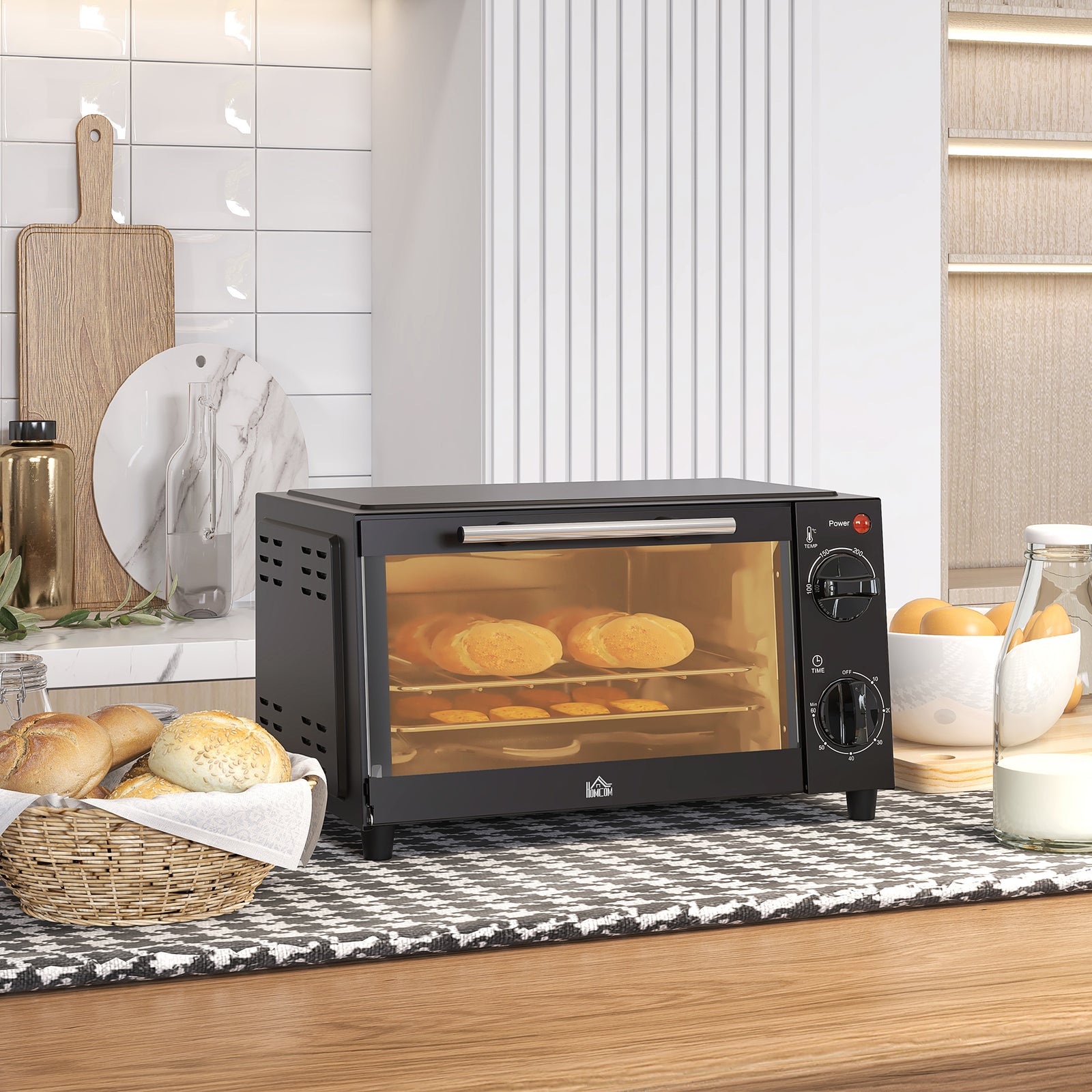 Mini Oven, 9L Countertop Electric Grill, Toaster Oven with Adjustable Temperature, Timer, Dishwasher Safe Baking Tray and Wire Rack, 750W, Black