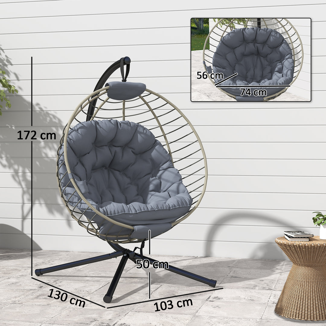 PE Rattan Swing Chair, Outdoor Hanging Chair with Metal Stand, Thick Padded Cushion, Foldable Basket and Cup Holder, for Indoor and Outdoor, Grey