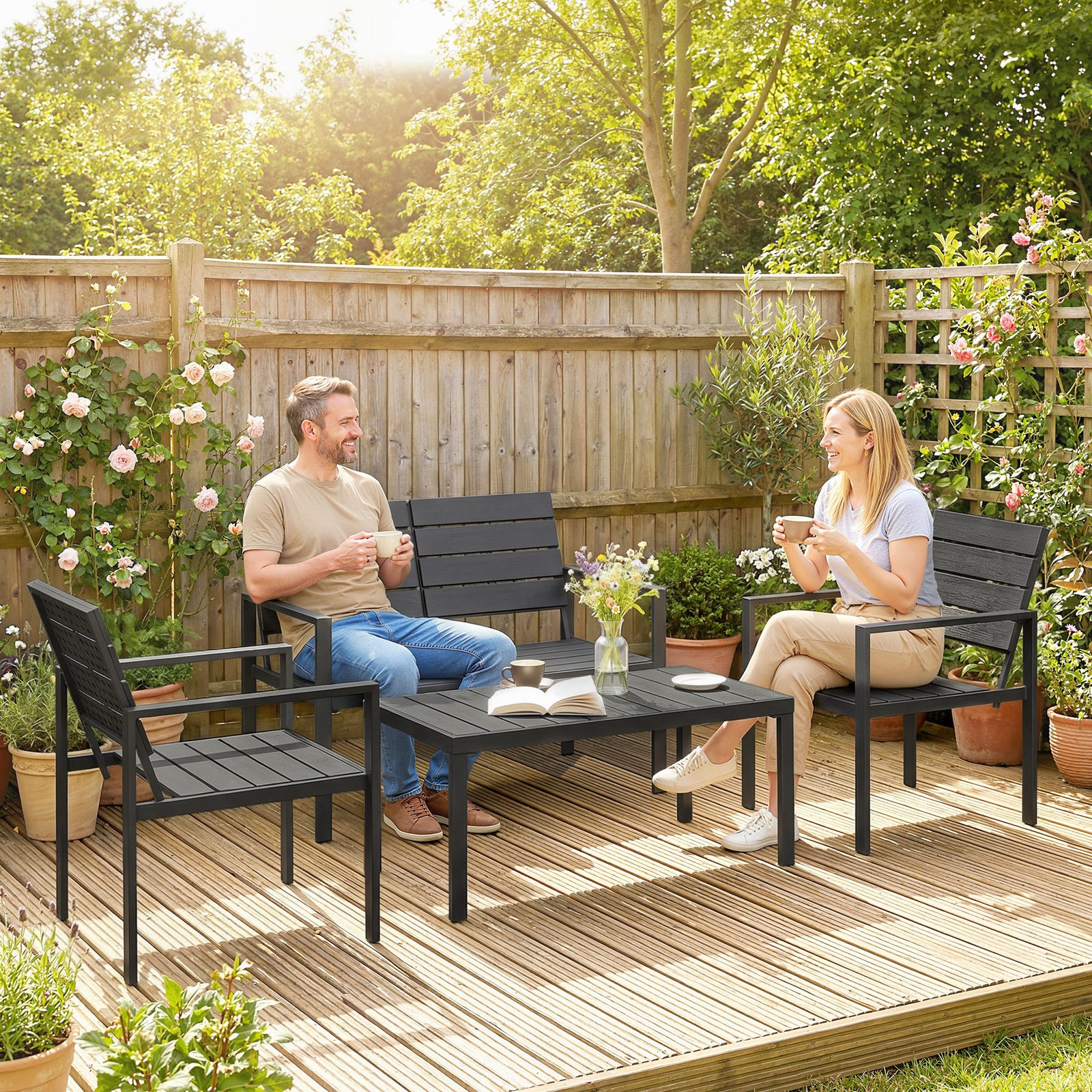 4 Piece Garden Furniture Set, Outdoor Sofa Set with HDPE Slatted Loves