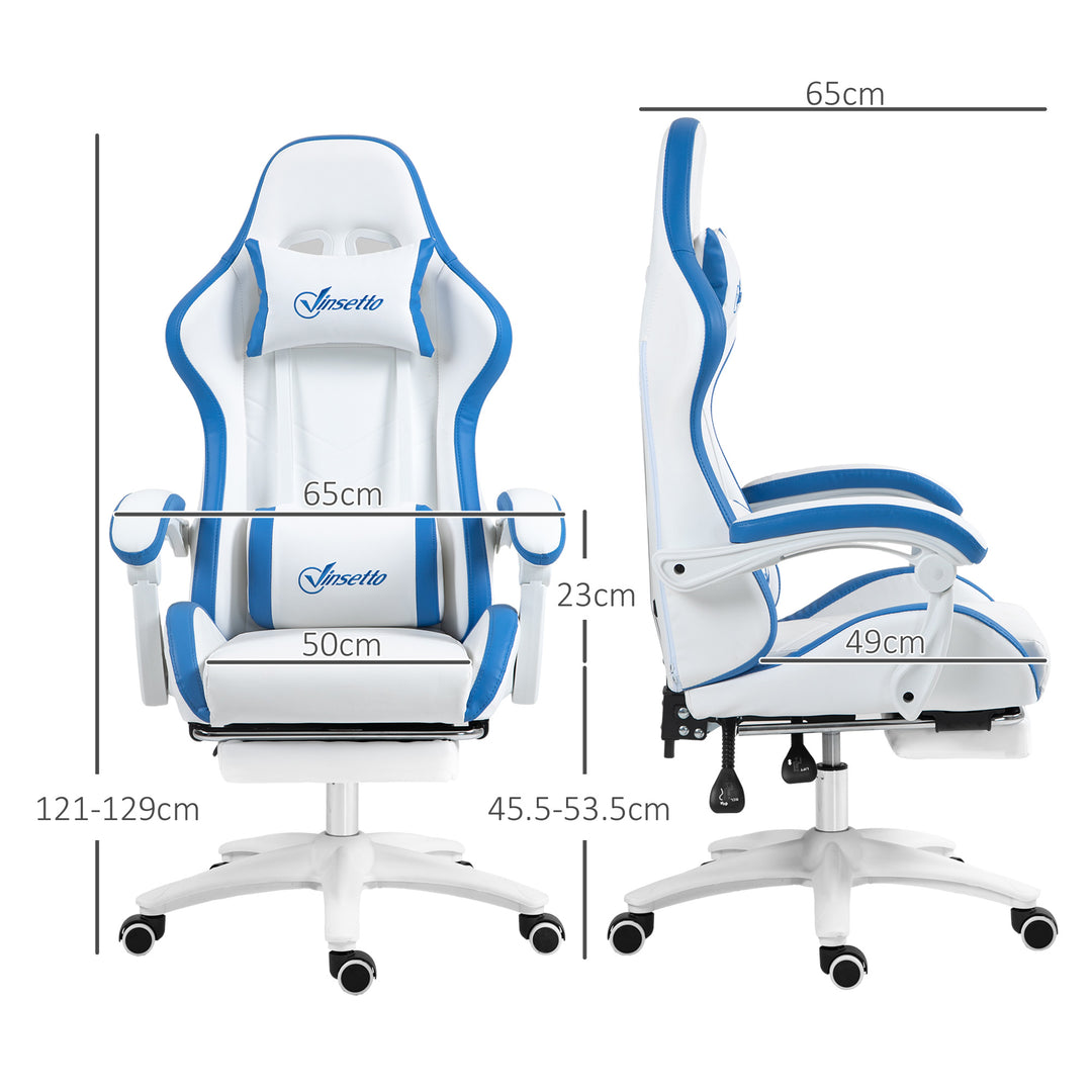 Computer Gaming Chair, PU Leather Office Desk Chair with Footrest, Swivel Wheels, 135° Reclining Back, Lumbar Support, Headrest for Home, White and Blue