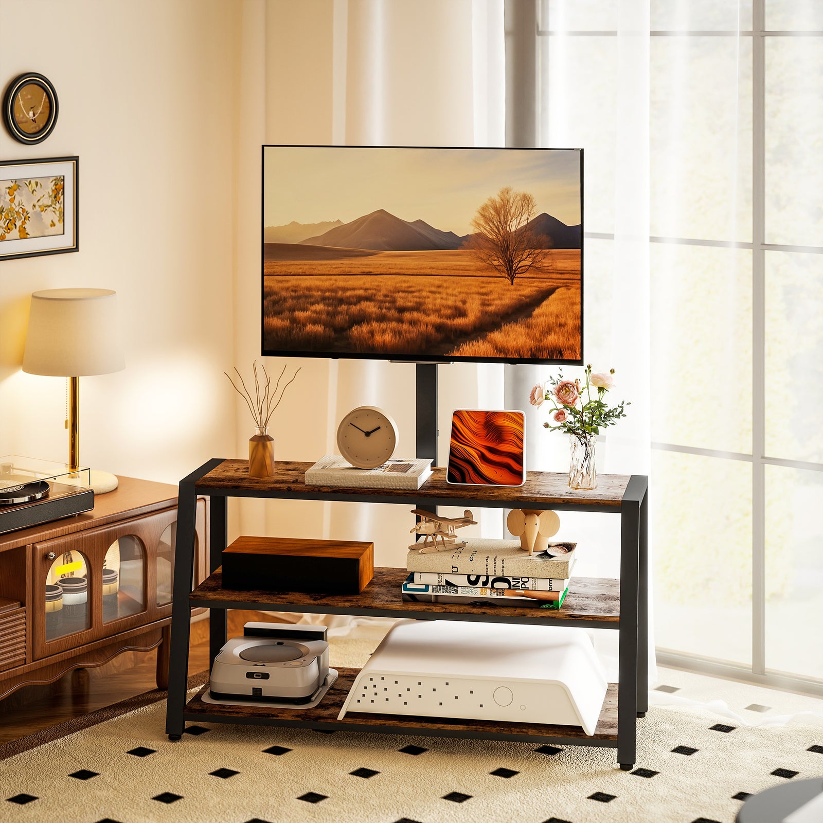 Industrial-Style TV Stand, with 35° Swivel Bracket - Dark Brown