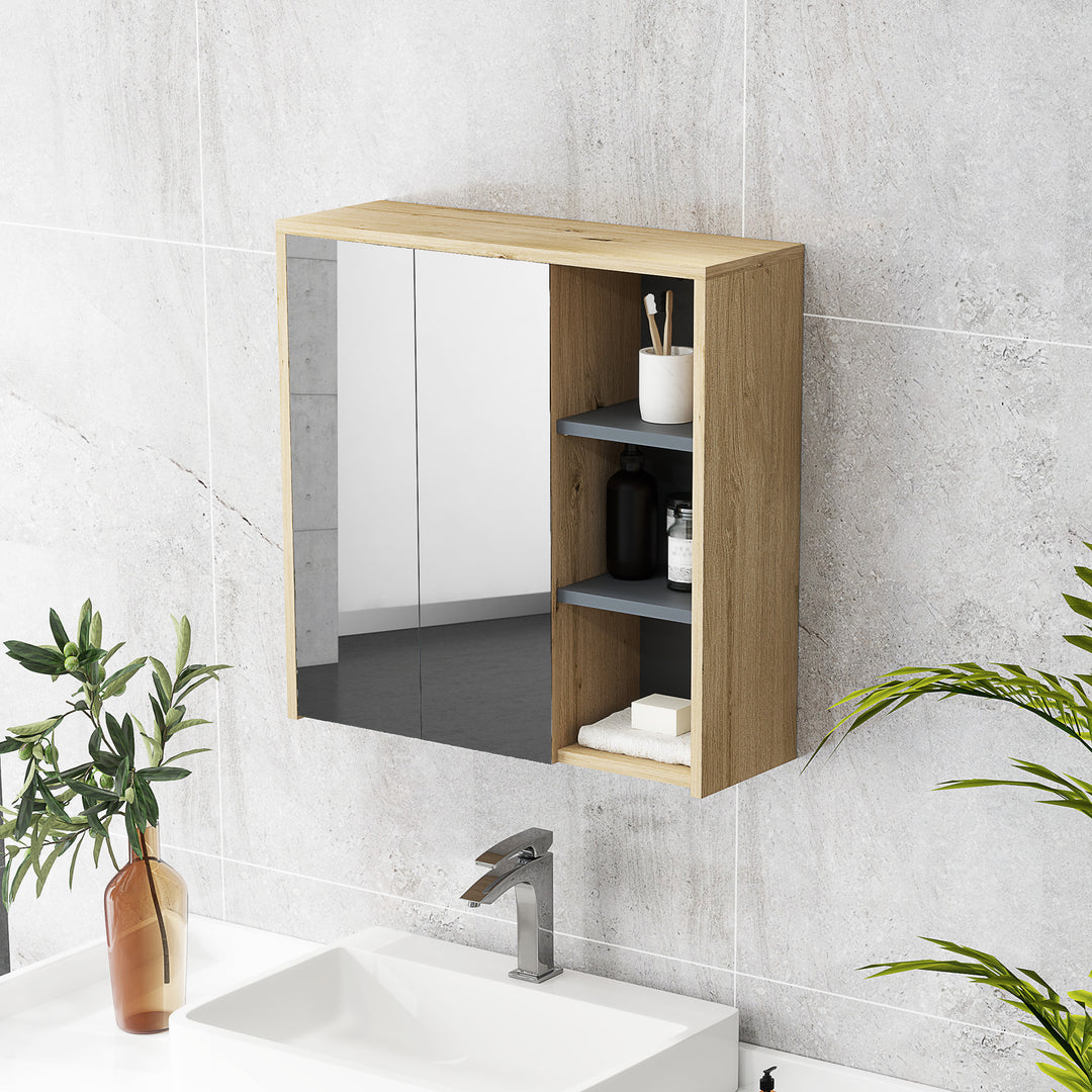Five-Shelf Mirrored Bathroom Cabinet - Wood-Effect