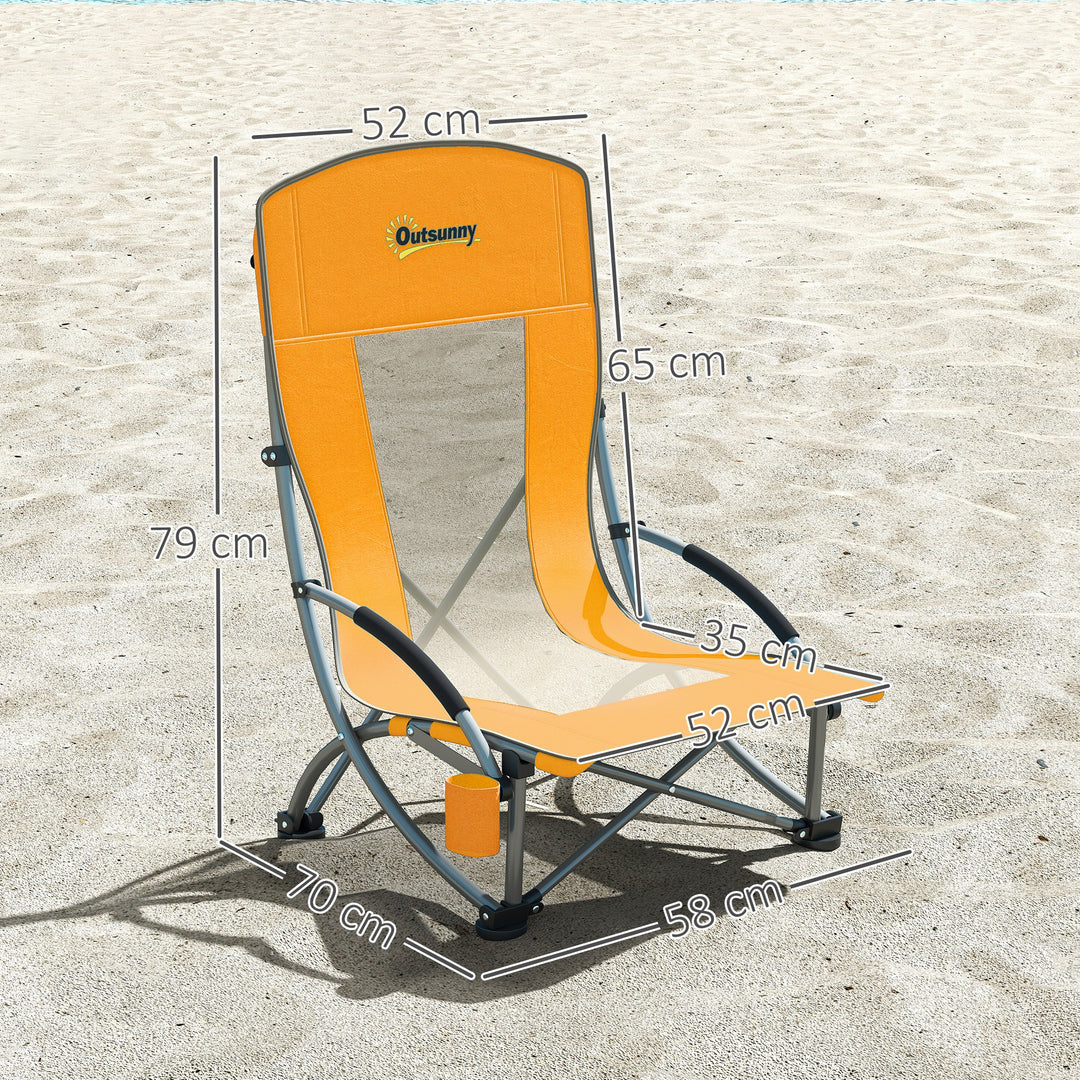 Set of 2 Folding Beach Chair, Low Camping Chair with Mesh Back, Carry Bag and Cup Holder for Garden Outdoor Picnic Festival Travel, Orange