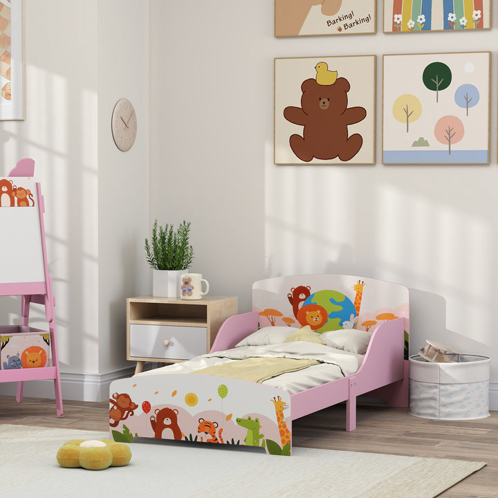 AIYAPLAY Cute Animal-Themed Toddler Bed, with Safety Rails, 143 x 77 x 60cm, Pink
