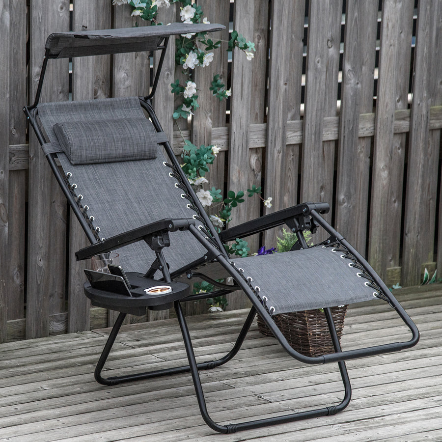 Foldable Reclining Garden Chair with Headrest, Zero Gravity Deck Sun Lounger Seat Chair with Footrest, Armrest, Cup Holder & Canopy Shade, Light Grey