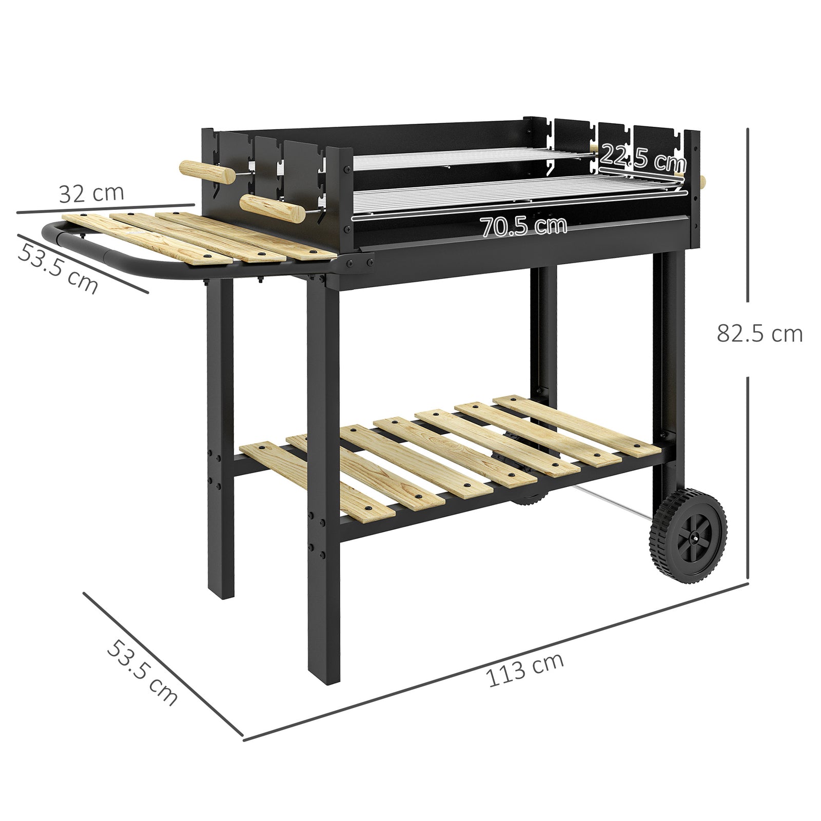 Charcoal BBQ Grill, Barbecue Trolley with Double Adjustable Grill, Sid