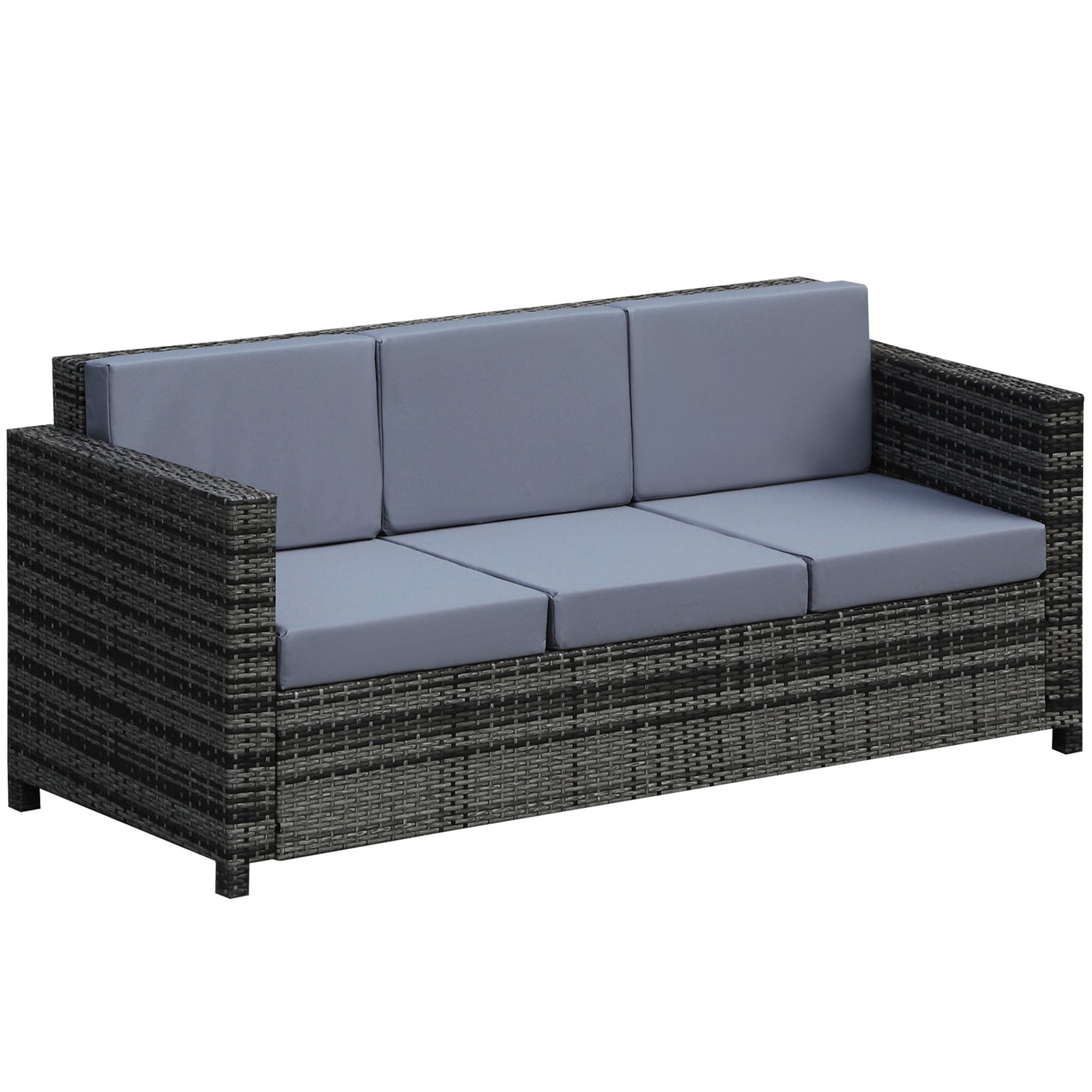 3 Seater All Weather Outdoor Sofa, Garden Rattan Sofa with Cushions and Mental Frame, Grey