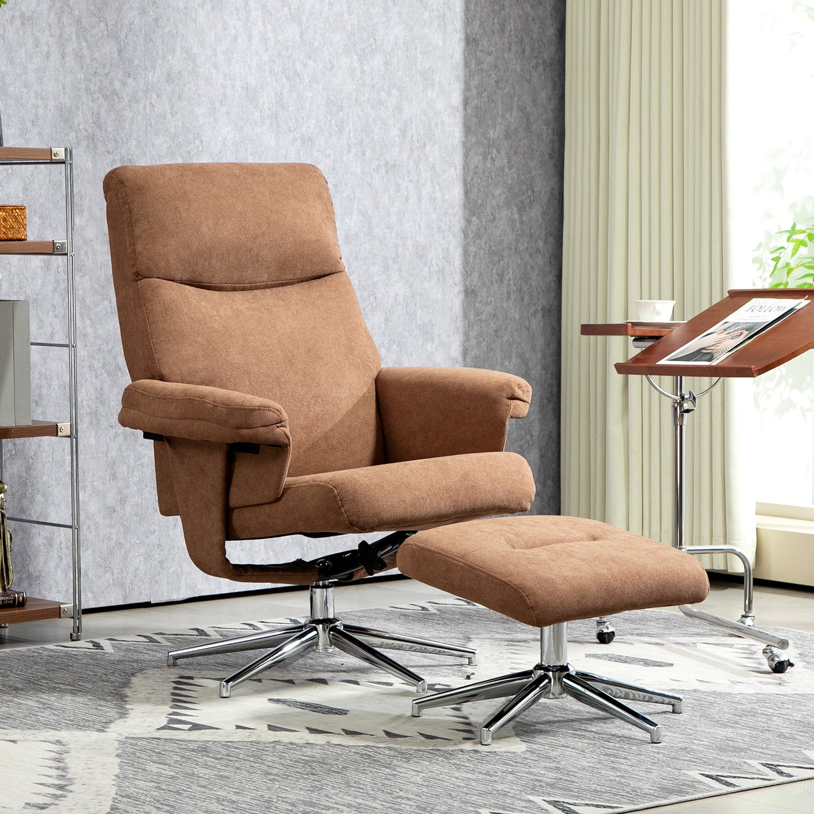 Velvet-Feel Recliner Chair and Ottoman - Light Brown