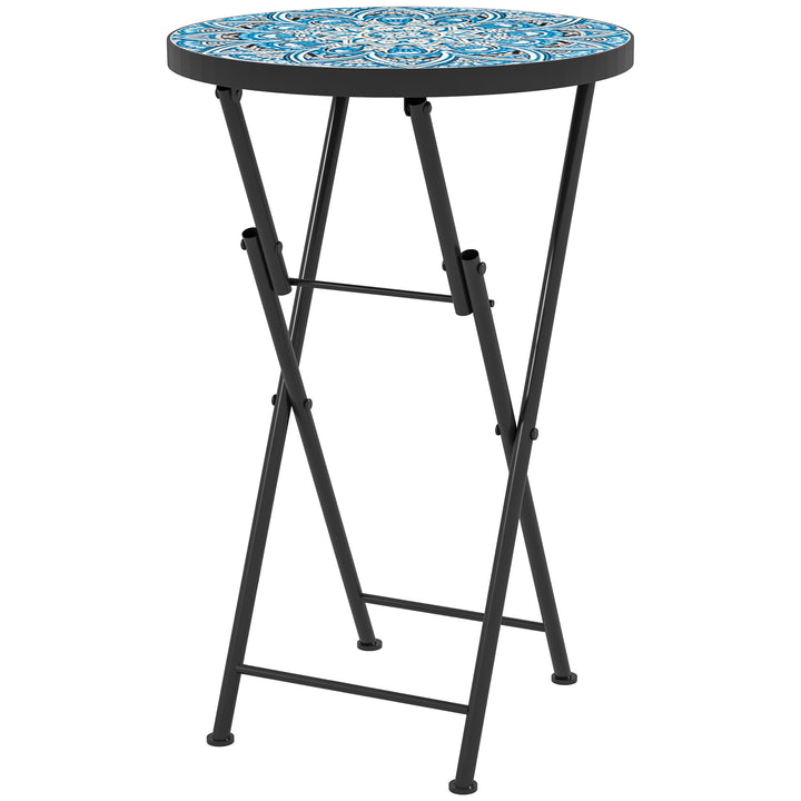 Mosaic Outdoor Garden Table, 35.5cm Round Folding Coffee Table with Metal Frame for Balcony Terrace, Blue