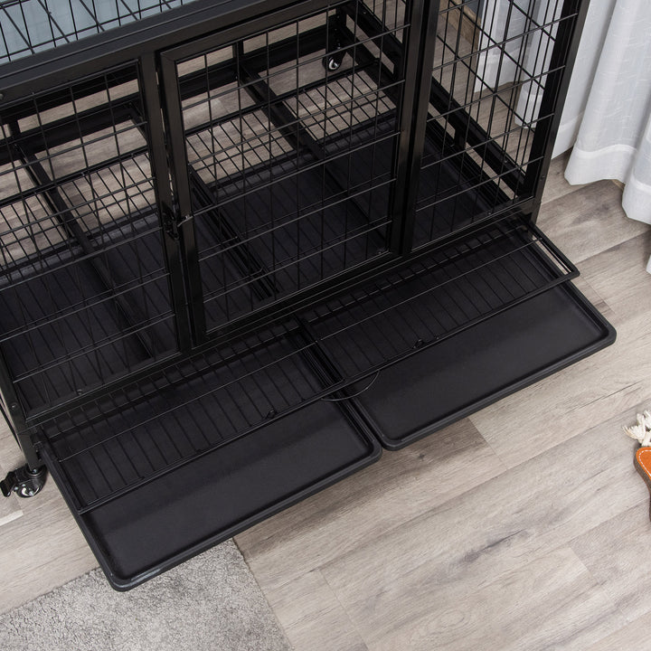 43" Heavy Duty Metal Dog Crate Pet Cage with Tray Wheeled Dog Kennel - Black (Large)