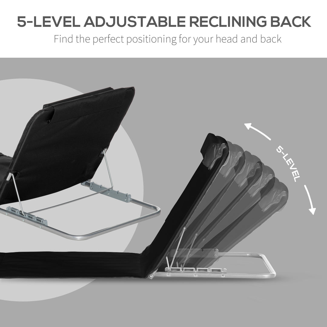 Set of 2 Foldable Garden Beach Chair Mat Lightweight Outdoor Sun Lounger Seats Adjustable Back Metal Frame PE Fabric Head Pillow w/ Carry Bag, Black