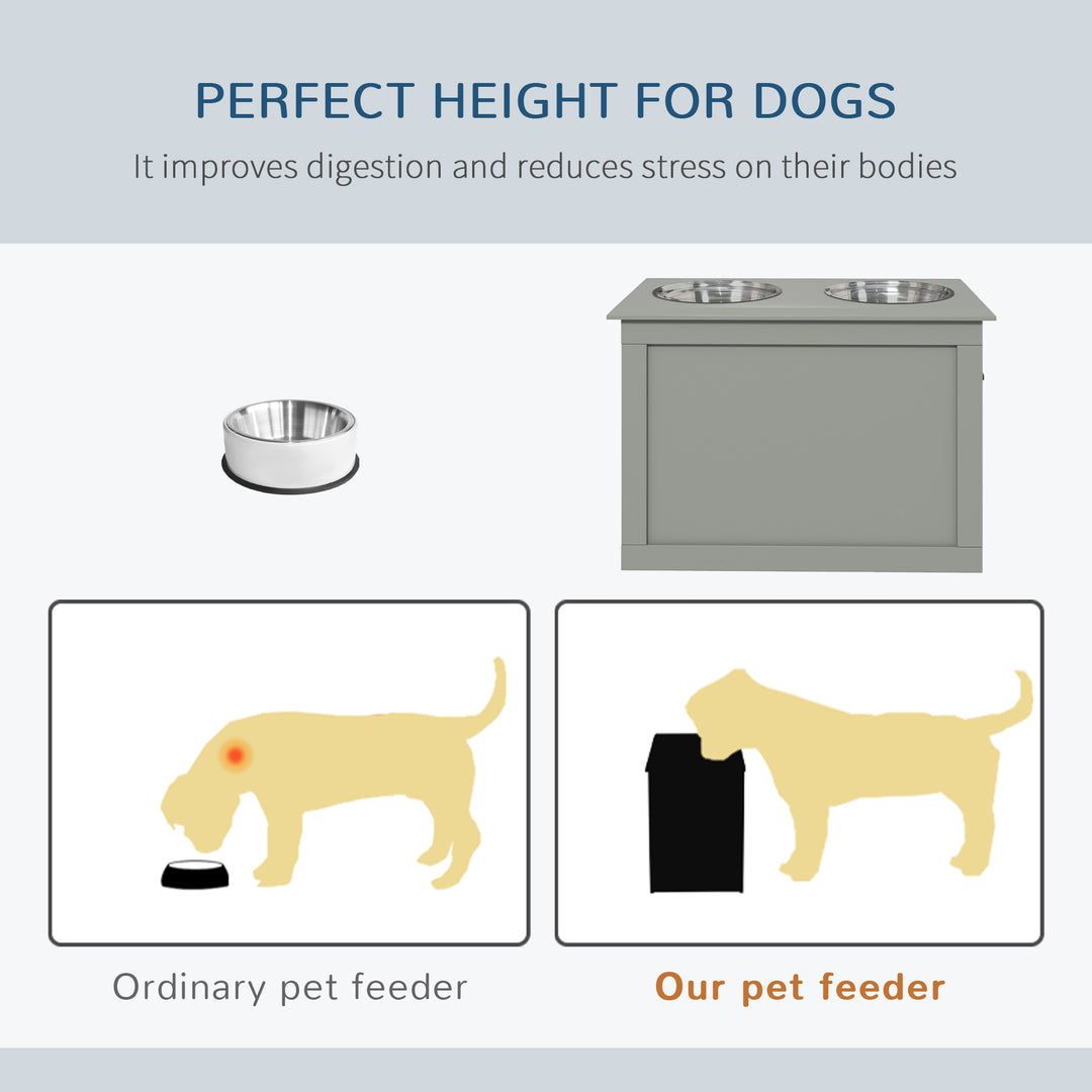 Raised Dog Bowls, with Storage, Two Stainless Steel Bowls, Elevated Base - Grey