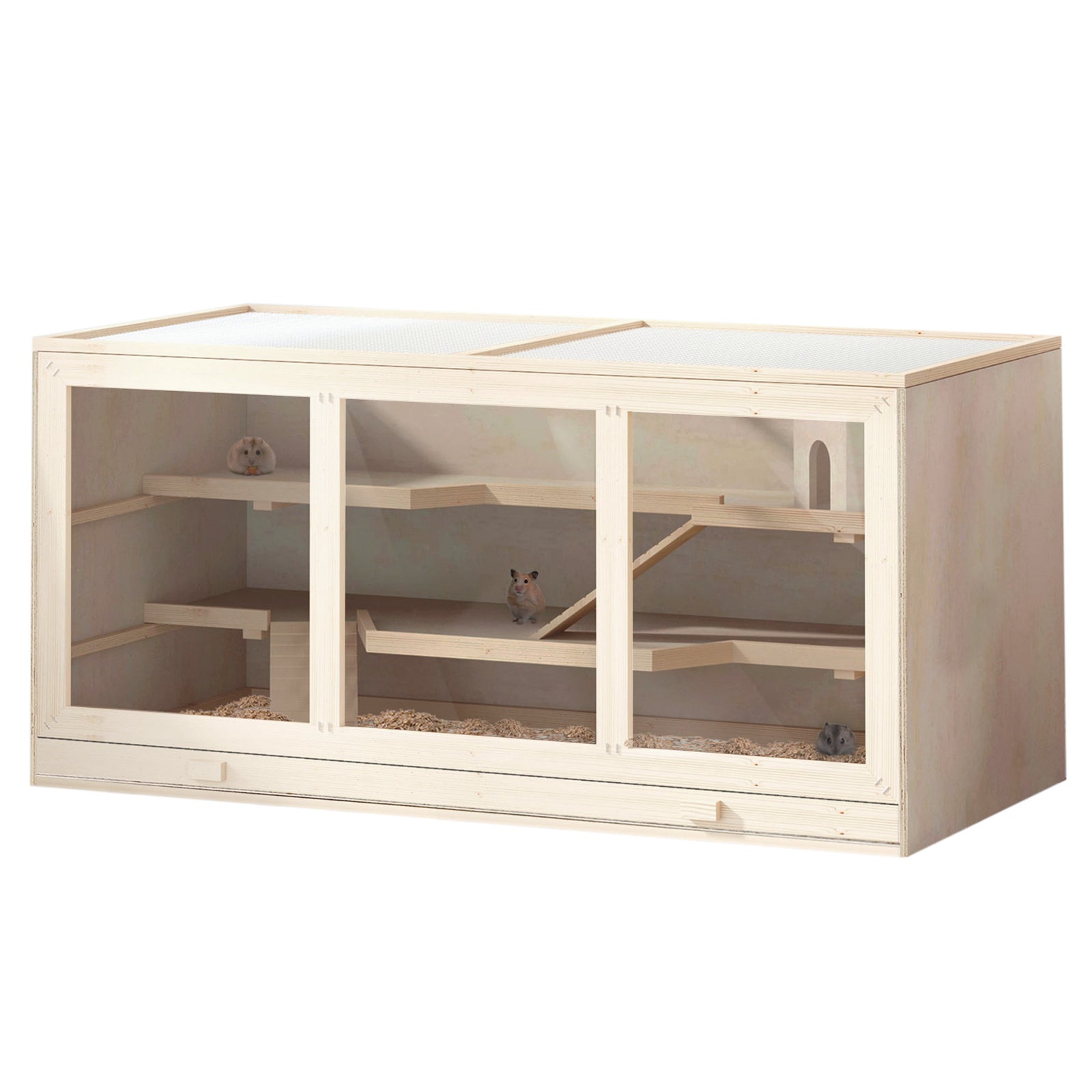 Wooden Hamster Cage, Small Animals Hutch with Tray, Openable Top, Exercise Play House Pen, 115L x 57W x 55Hcm, Natural