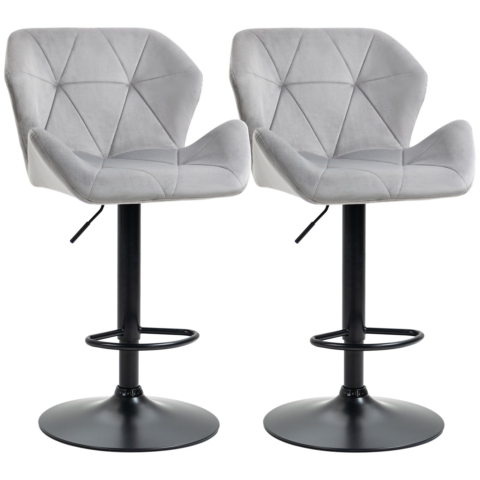 Bar Stools Set Of 2, Luxurious Velvet-Touch Barstools with Metal Frame Footrest Round Base Triangle Indenting Moulded Seat Adjustable Height Swivel Grey