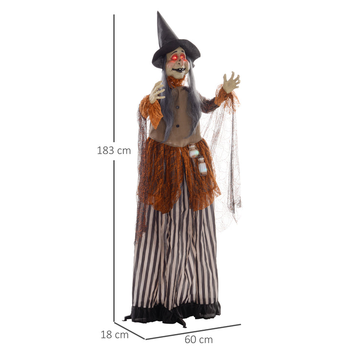 HOMCOM 183 cm Life Size Halloween Animated Standing Fat-Faced Witch with Red Light Up Eyes, Sound Activated Moving Arms &amp; Head, Scary Witch Halloween Decorations, Battery Operated, Indoor Party Props