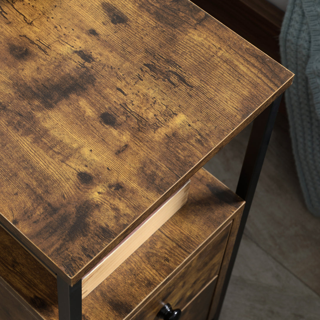 Set of 2 Side Table, Narrow Bedside Table with 2 Drawers and Storage Shelf, Industrial End Table with Metal Frame for Small Spaces, Rustic Brown