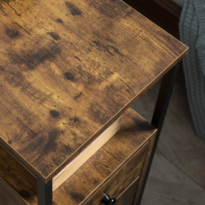 Set of 2 Side Table, Narrow Bedside Table with 2 Drawers and Storage Shelf, Industrial End Table with Metal Frame for Small Spaces, Rustic Brown