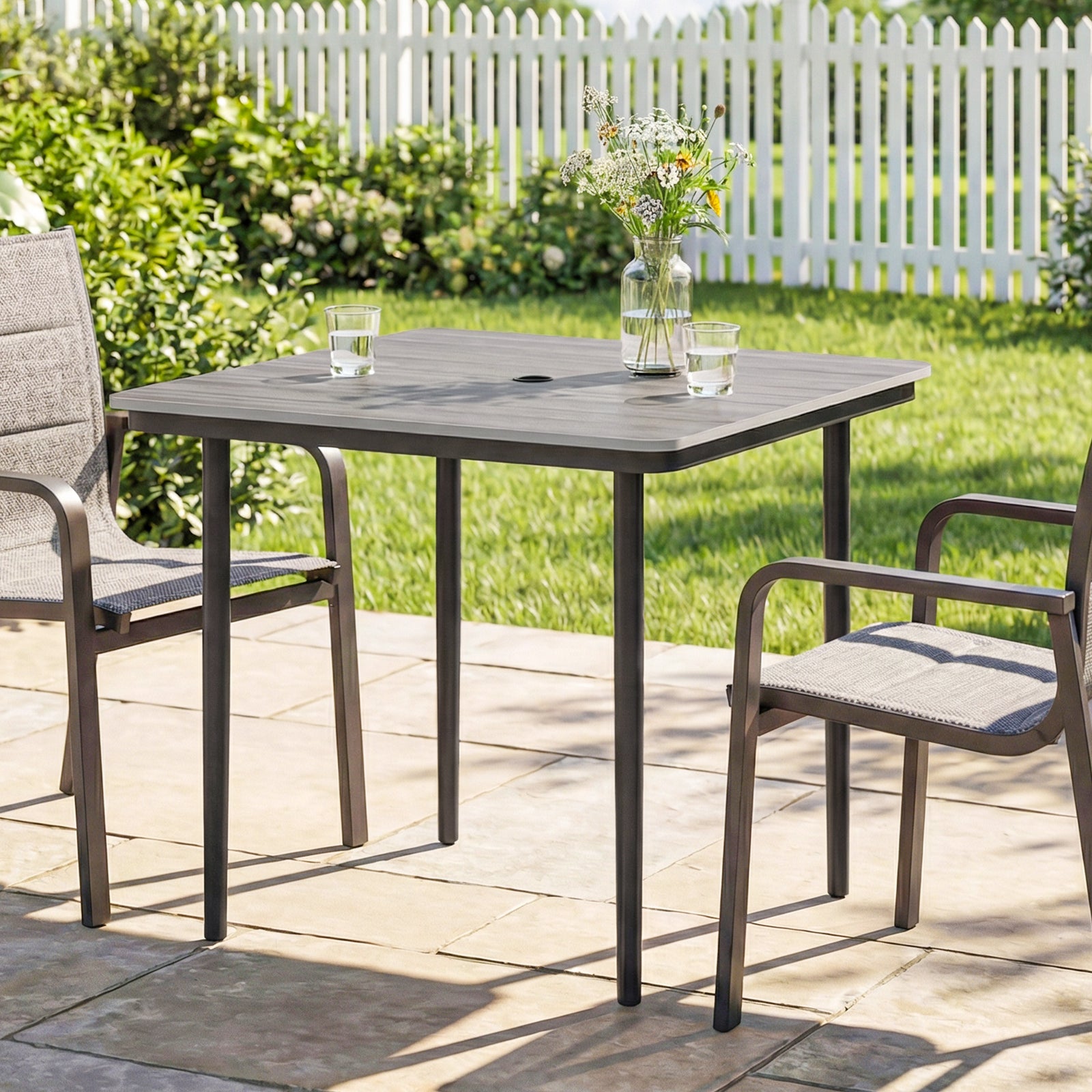 Garden Dining Table for 4, 85 cm Square Outdoor Table with Umbrella Ho