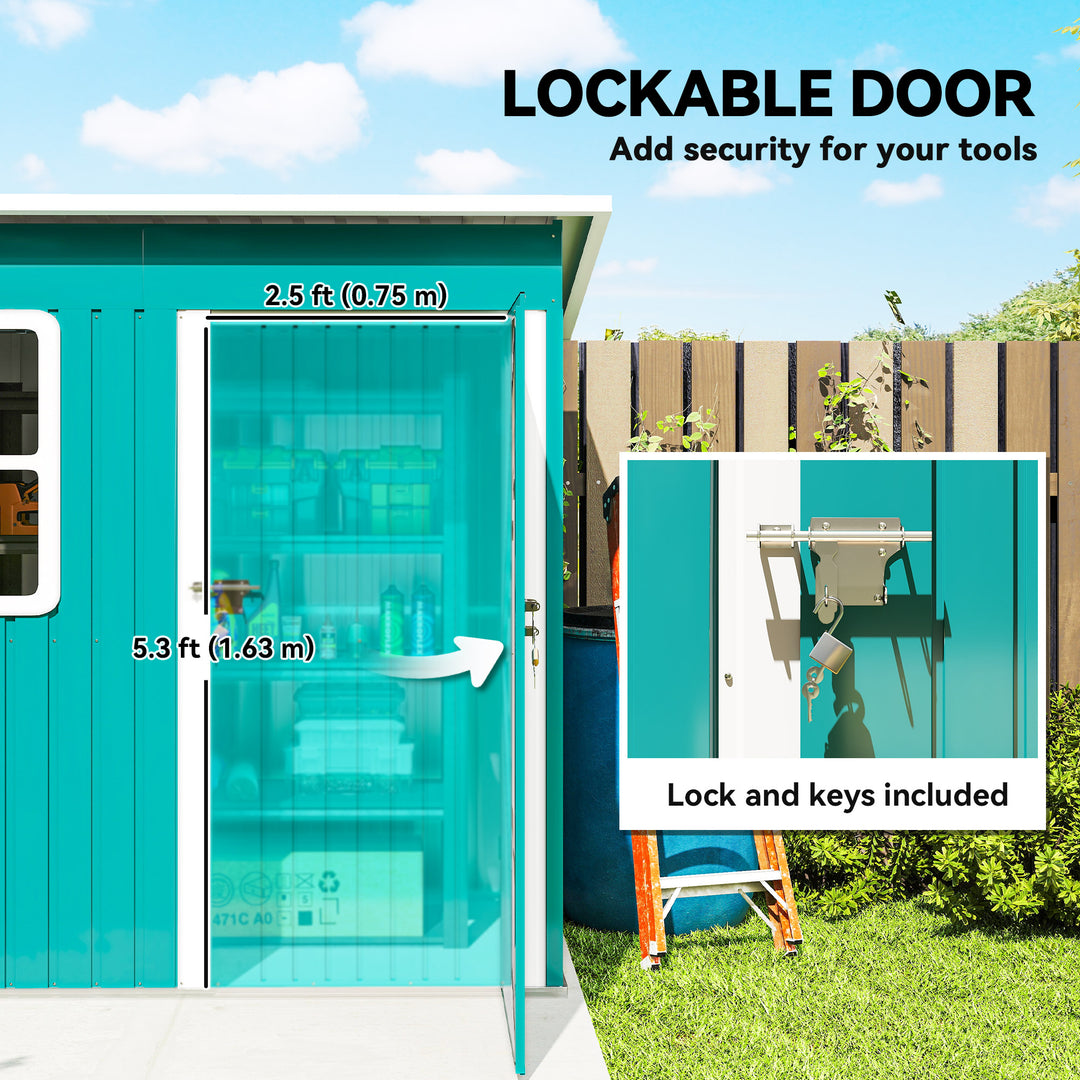 7 x 4ft Galvanised Steel Garden Shed, with Lock and Gloves - Green