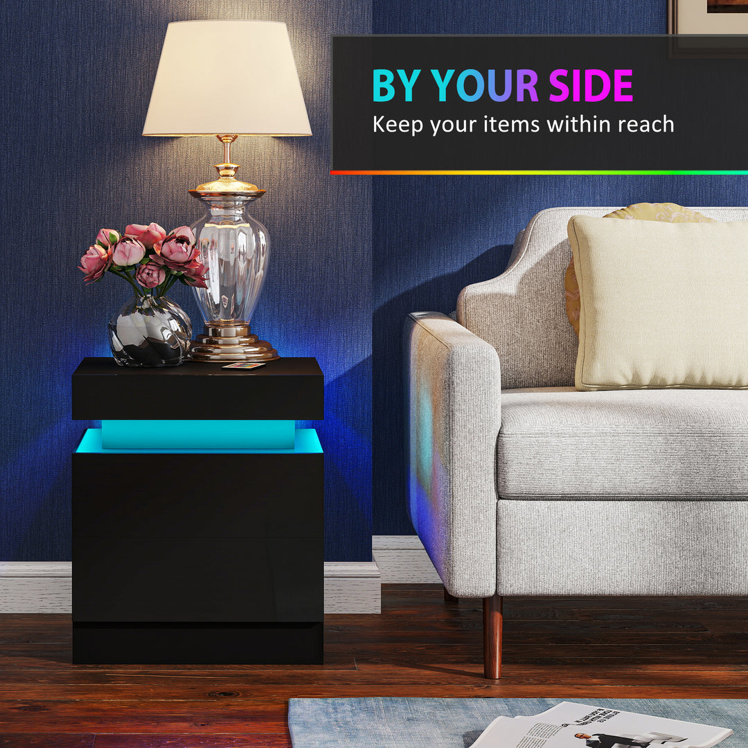 Black Bedside Table with LED Light, High Gloss Front Nightstand with 2