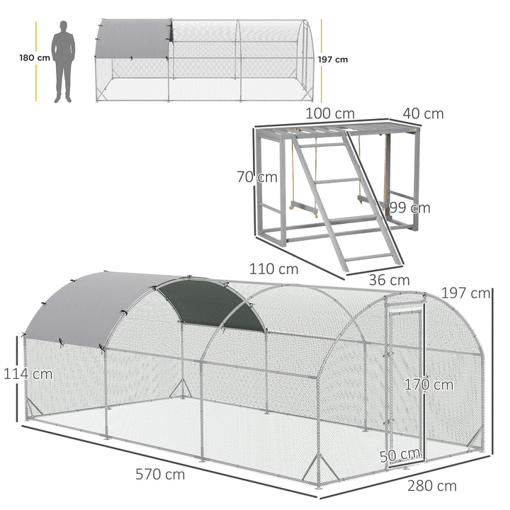 Walk In Chicken Run with Chicken Activity Shelf and Cover, 2.8 x 5.7 x 2m