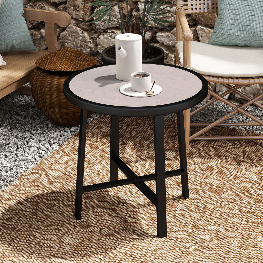 Round Small Garden Table, 50.5cm Outdoor Side Table with SPC Tabletop, Metal Frame and Anti-slip Foot Pads for Garden, Balcony, Grey Wood Effect