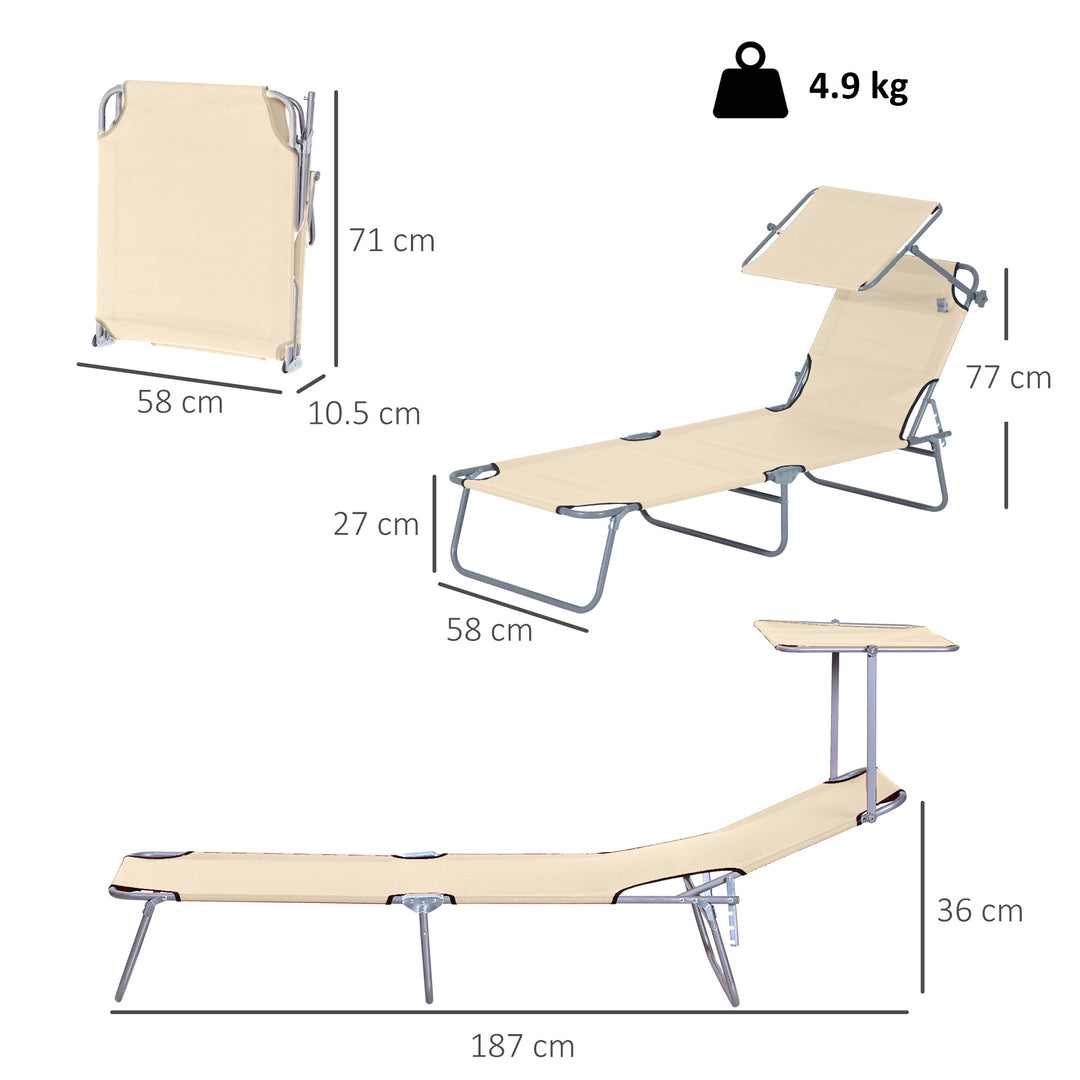 MCL Outdoor Foldable Sun Lounger, 4 Level Adjustable Backrest Reclining Sun Lounger Chair with Angle Adjust Sun Shade Awning for Beach, Garden, Patio, Beige