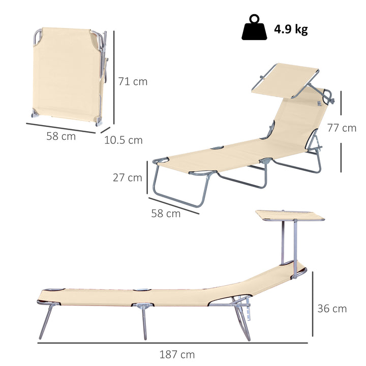MCL Outdoor Foldable Sun Lounger, 4 Level Adjustable Backrest Reclining Sun Lounger Chair with Angle Adjust Sun Shade Awning for Beach, Garden, Patio, Beige