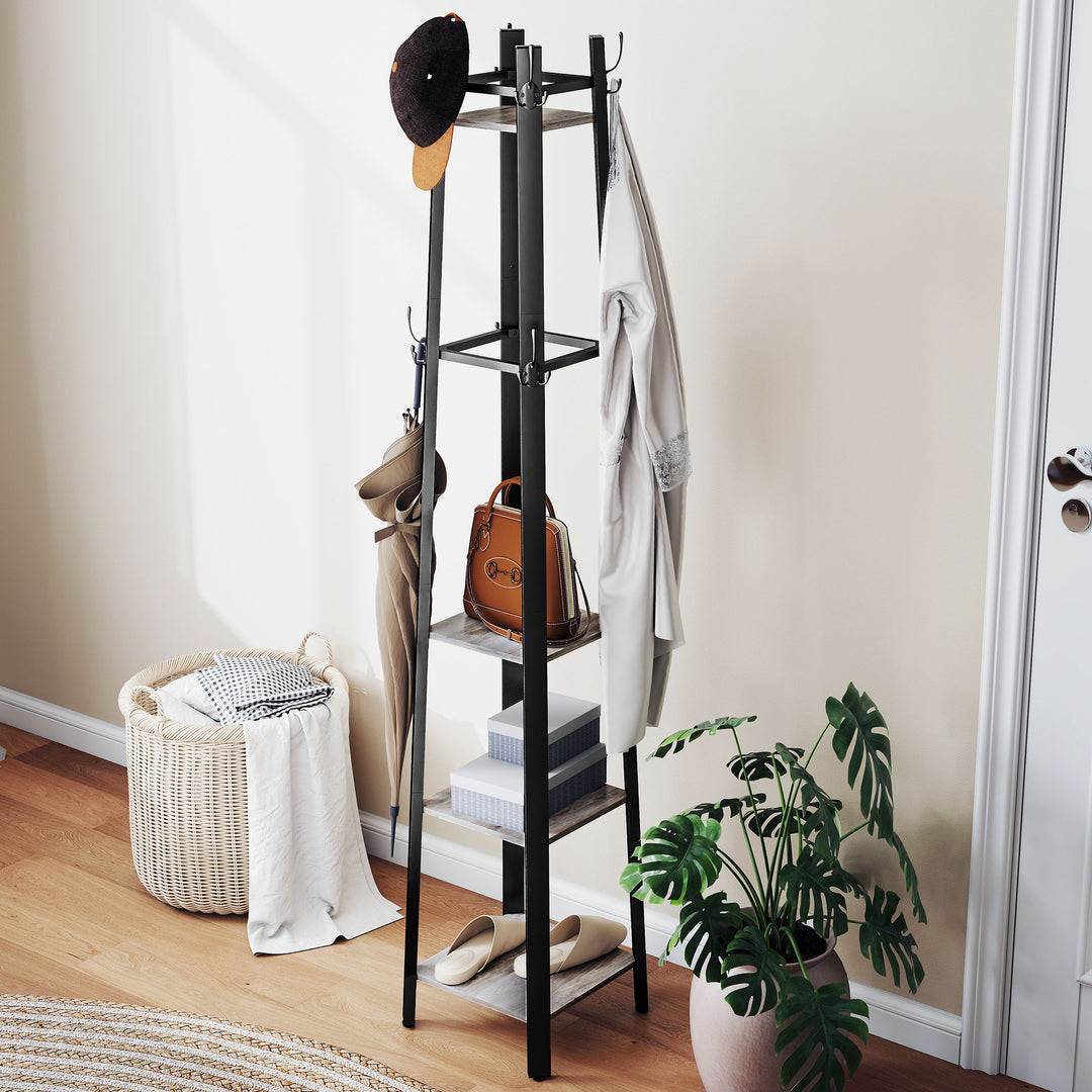 Industrial Coat Stand with 8 Hooks and 4 Shelves - Grey