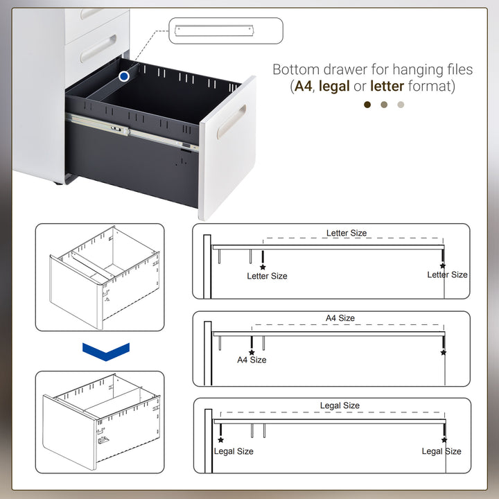 Lockable File Cabinet with 3 Drawers, Vertical Office Drawer for A4, Letter, Legal Size, Anti-tilt Design, Pre-Assembled Body, White