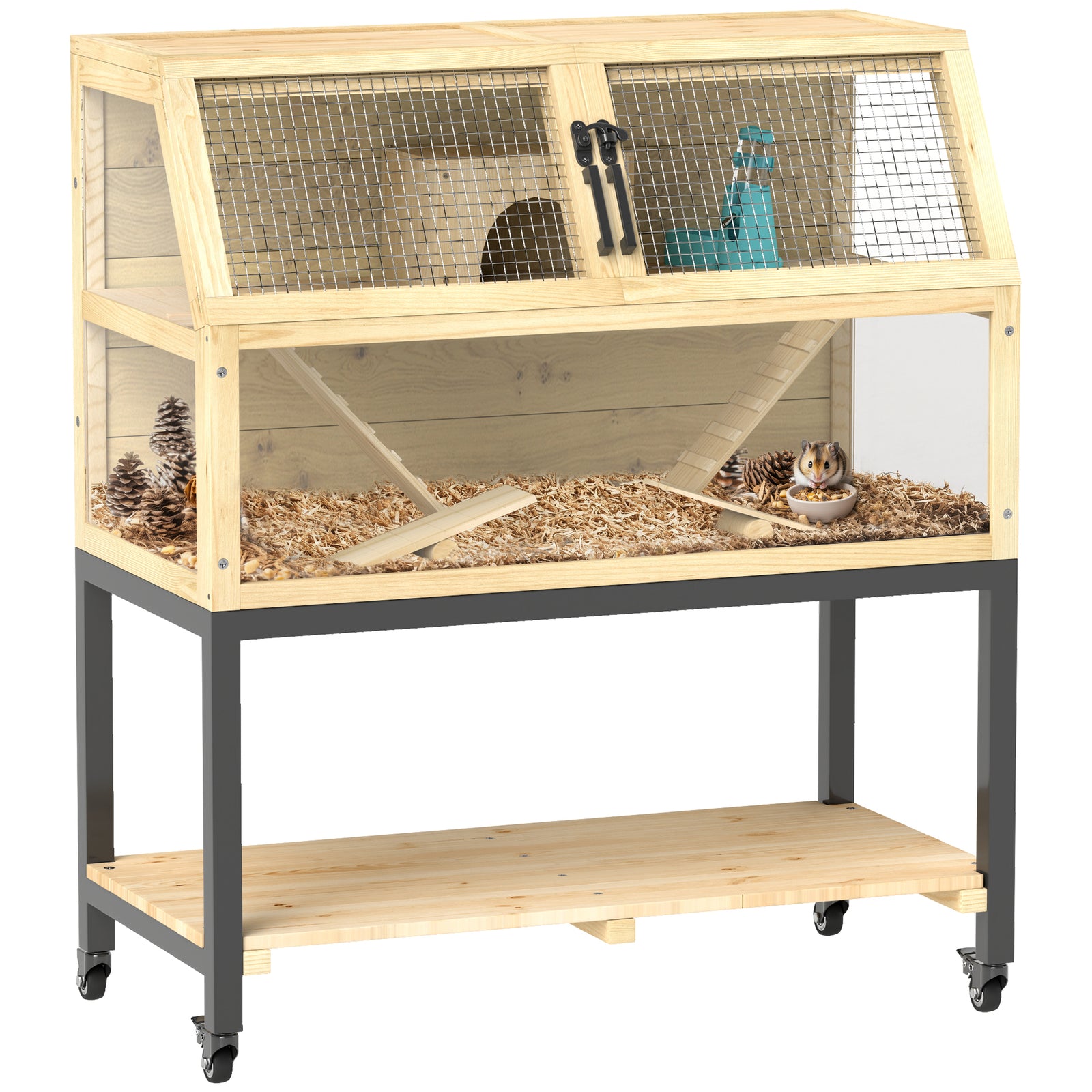 Wooden Hamster Cage with Storage Shelf, Wheels, Ramps, Water Bottle, Hut, Seesaws