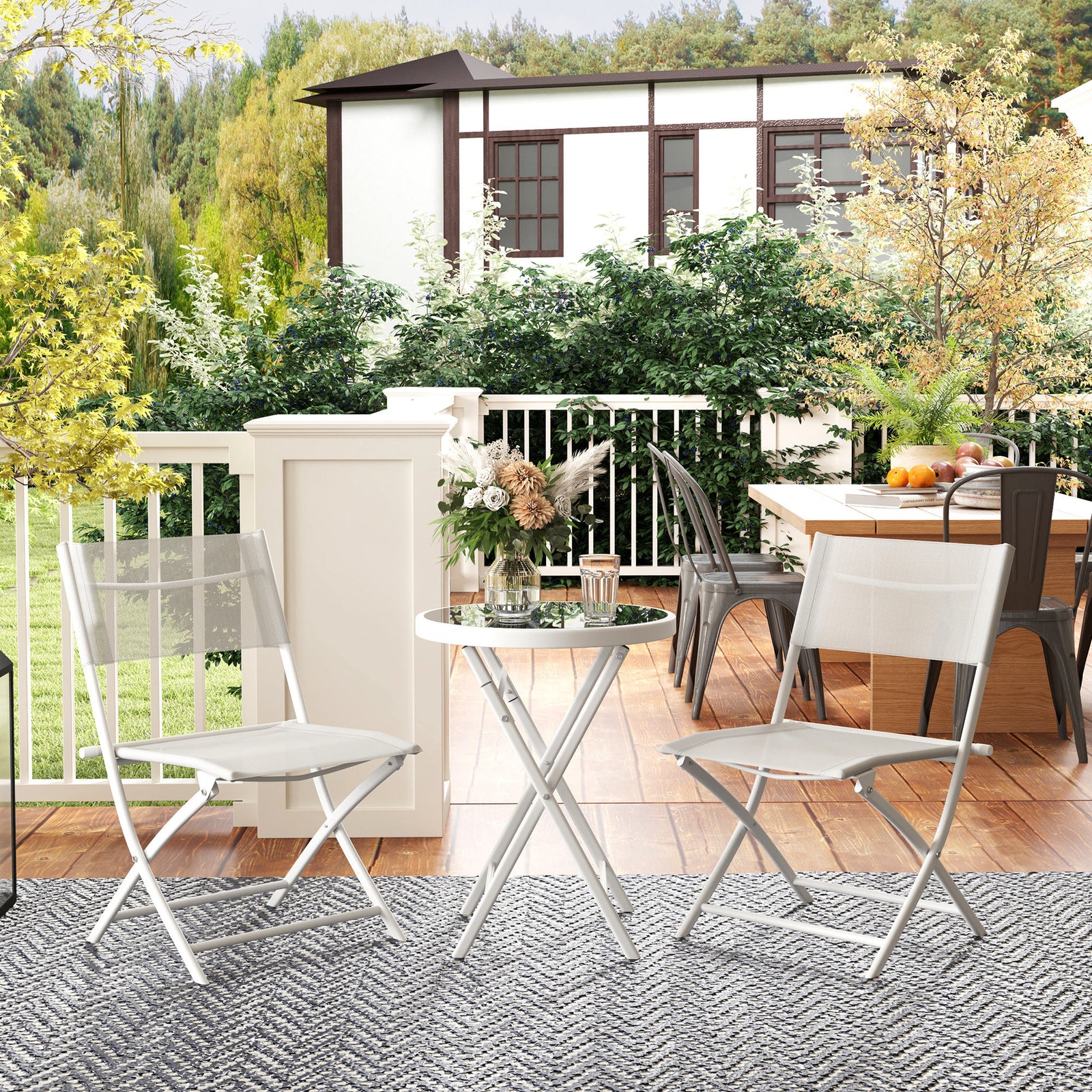 3 Pieces Outdoor Bistro Set, Glass Top Outdoor Table and 2 Folding Chairs with Protecting Feet, White