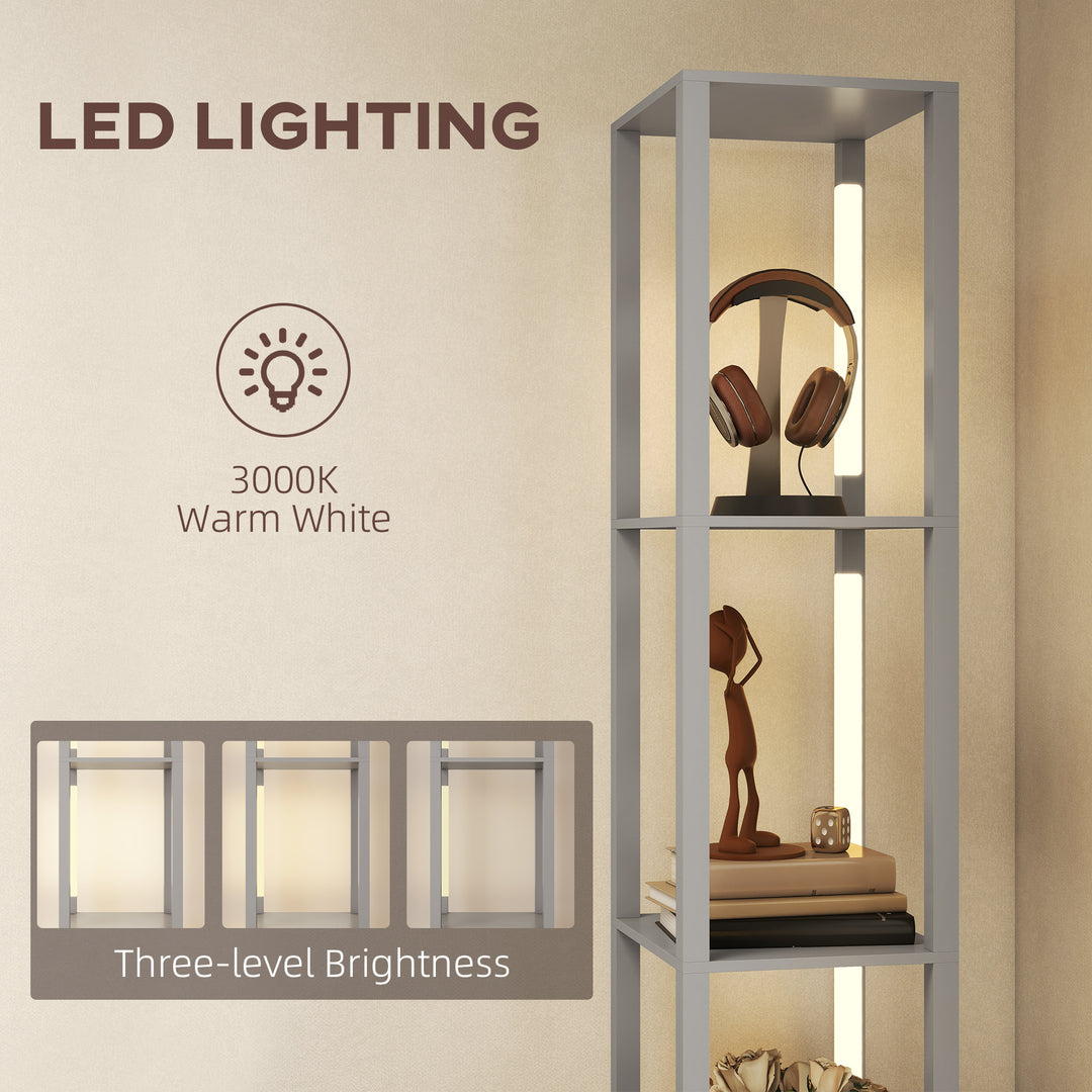 Floor Lamp with Shelves, LED Column Modern Standing Lamp with Fabric Drawer, Adjustable Brightness, Foot Switch for Living Room, Bedroom, Office, Grey