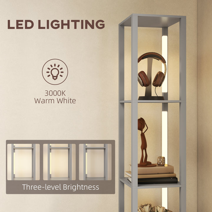 Floor Lamp with Shelves, LED Column Modern Standing Lamp with Fabric Drawer, Adjustable Brightness, Foot Switch for Living Room, Bedroom, Office, Grey