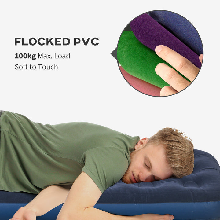 Single Air Bed with Hand Pump, Inflatable Mattress with Flocked Surface for Guest, Camping, Travel, 191 x 73 x 22cm, Blue