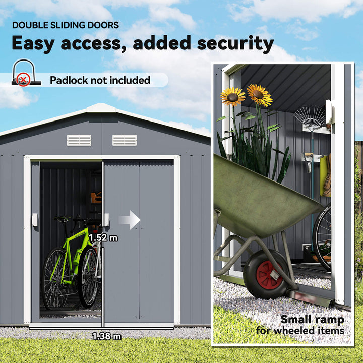 13 x 11ft Metal Garden Shed, Outdoor Storage Tool House with Ventilation Slots, Foundation Kit and Lockable Double Doors, Grey