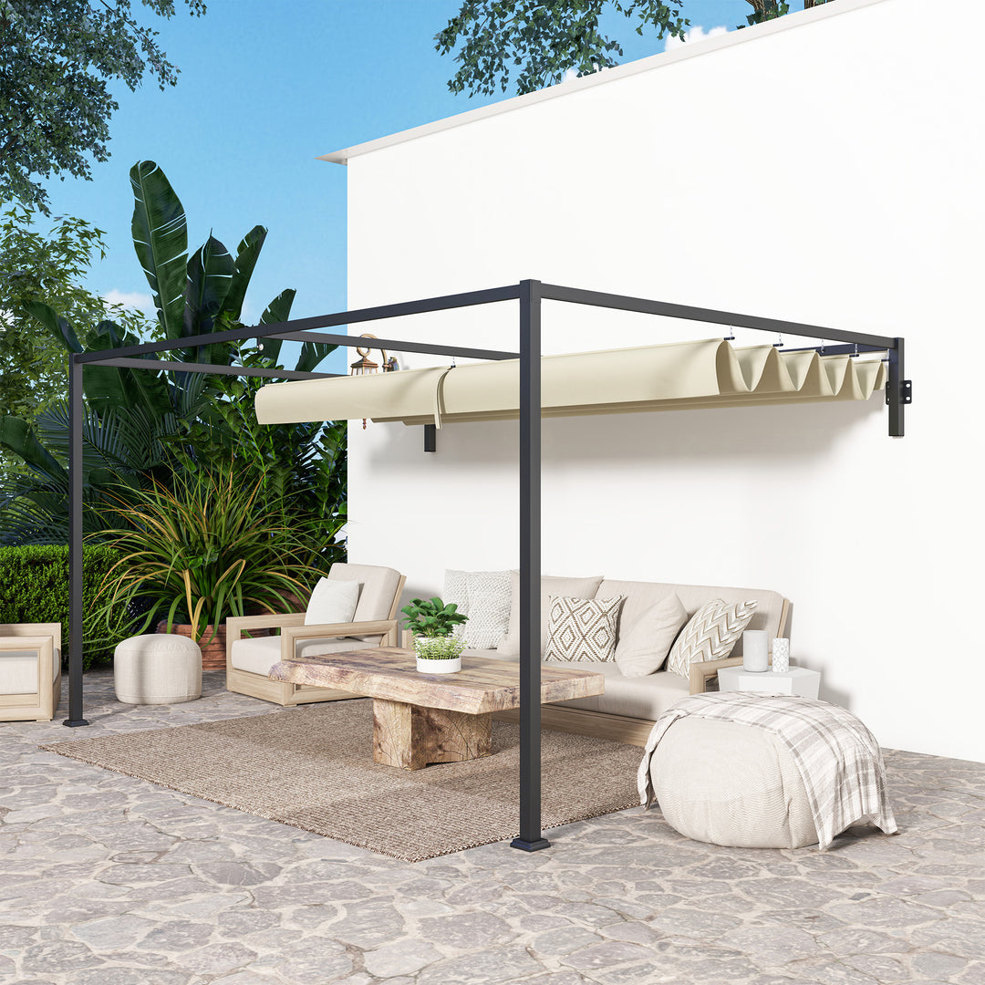 3 x 4m Steel Pergola, with Retractable Canopy - Khaki