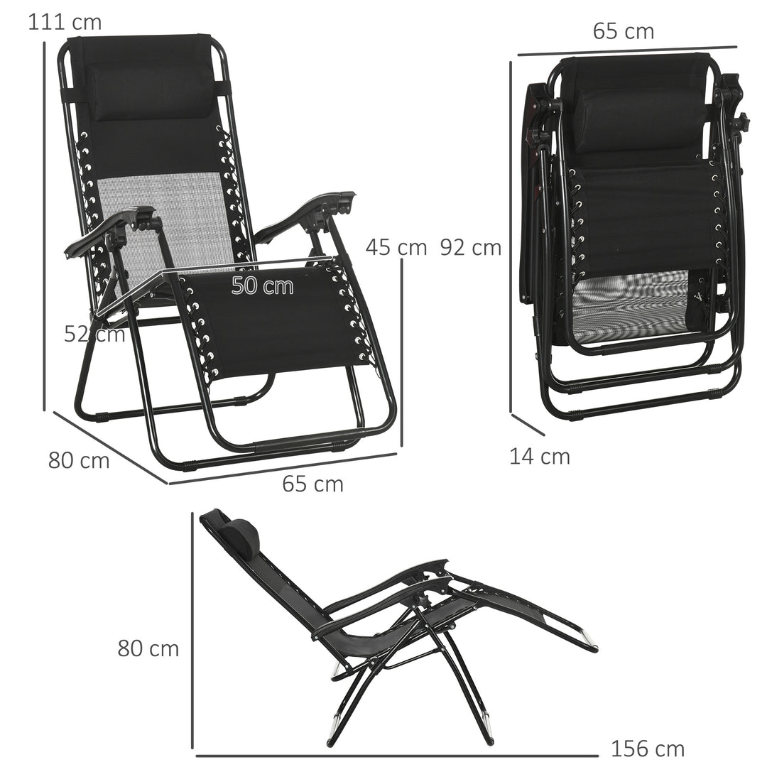 Garden Recliner Chairs Set of 2, Outdoor Foldable Zero Gravity Chairs Set w/ Footstool and Detachable Headrest, Black
