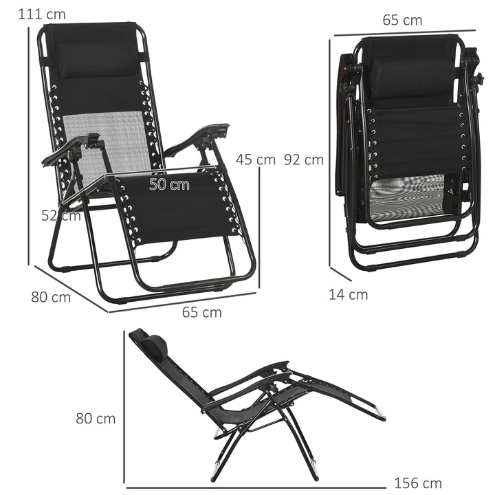Garden Recliner Chairs Set of 2, Outdoor Foldable Zero Gravity Chairs Set w/ Footstool and Detachable Headrest, Black
