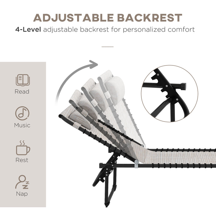 MCL Foldable Sun Lounger, Outdoor 4 Level Adjustable Backrest Reclining Chaise Chair, Steel Frame Recliner Chair for Camping, Hiking, Cream White