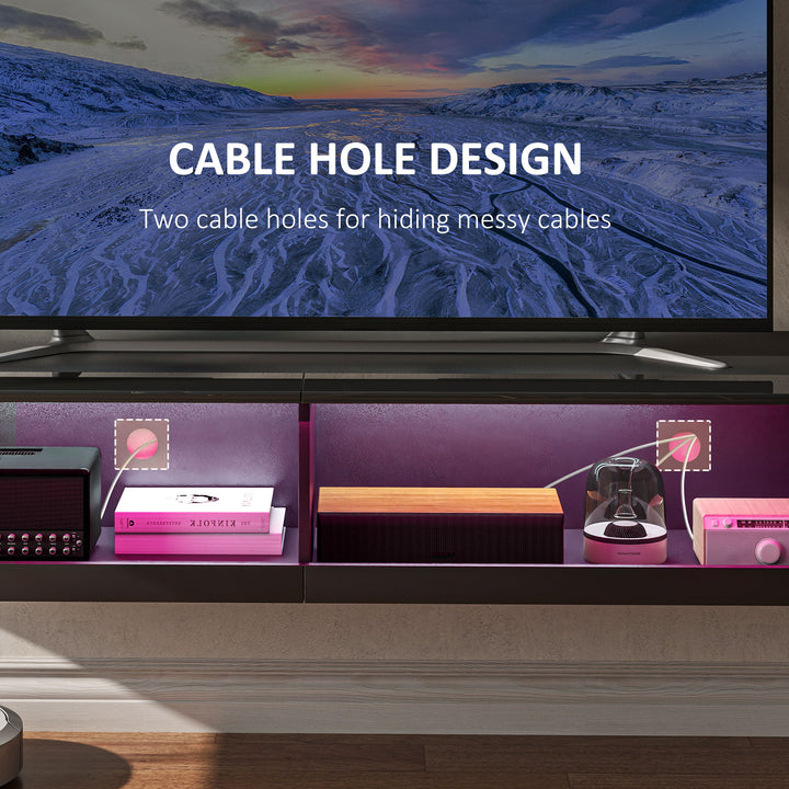 Floating TV Unit, Wall Mounted TV Cabinet for TVs up to 65", High Gloss Media Wall Unit with LED Lights, Storage Shelves for Living Entertainment Room, Black