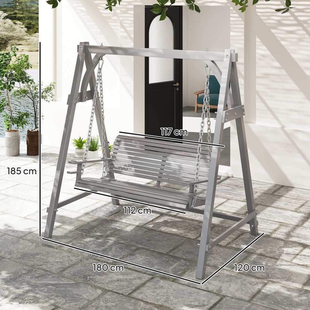 2 Seater Garden Swing Seat, Wooden Swing Chair Bench with Cup Holders for Outdoor Porch Patio, Grey