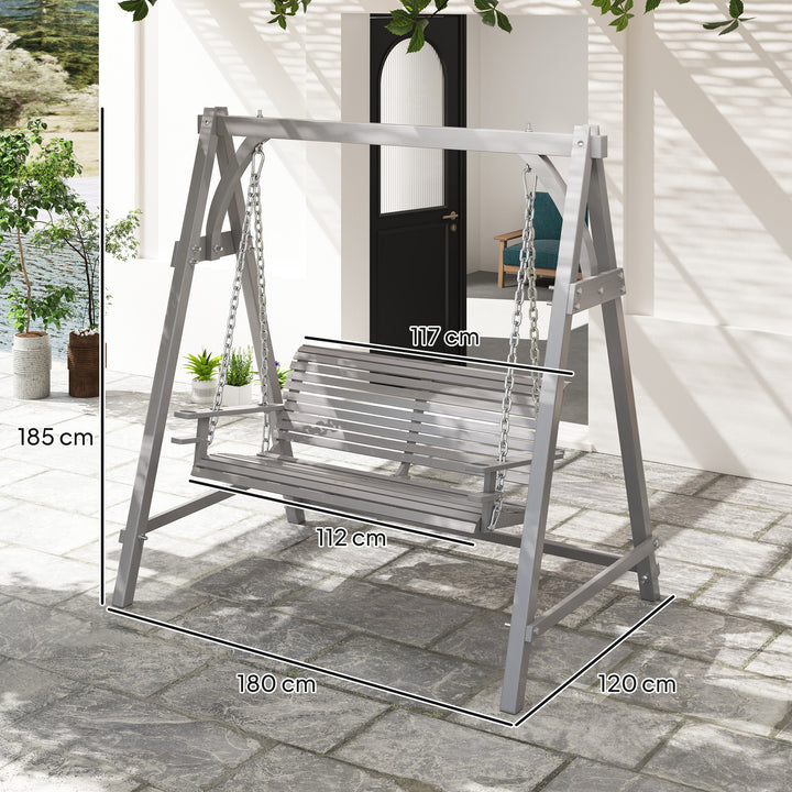 2 Seater Garden Swing Seat, Wooden Swing Chair Bench with Cup Holders for Outdoor Porch Patio, Grey