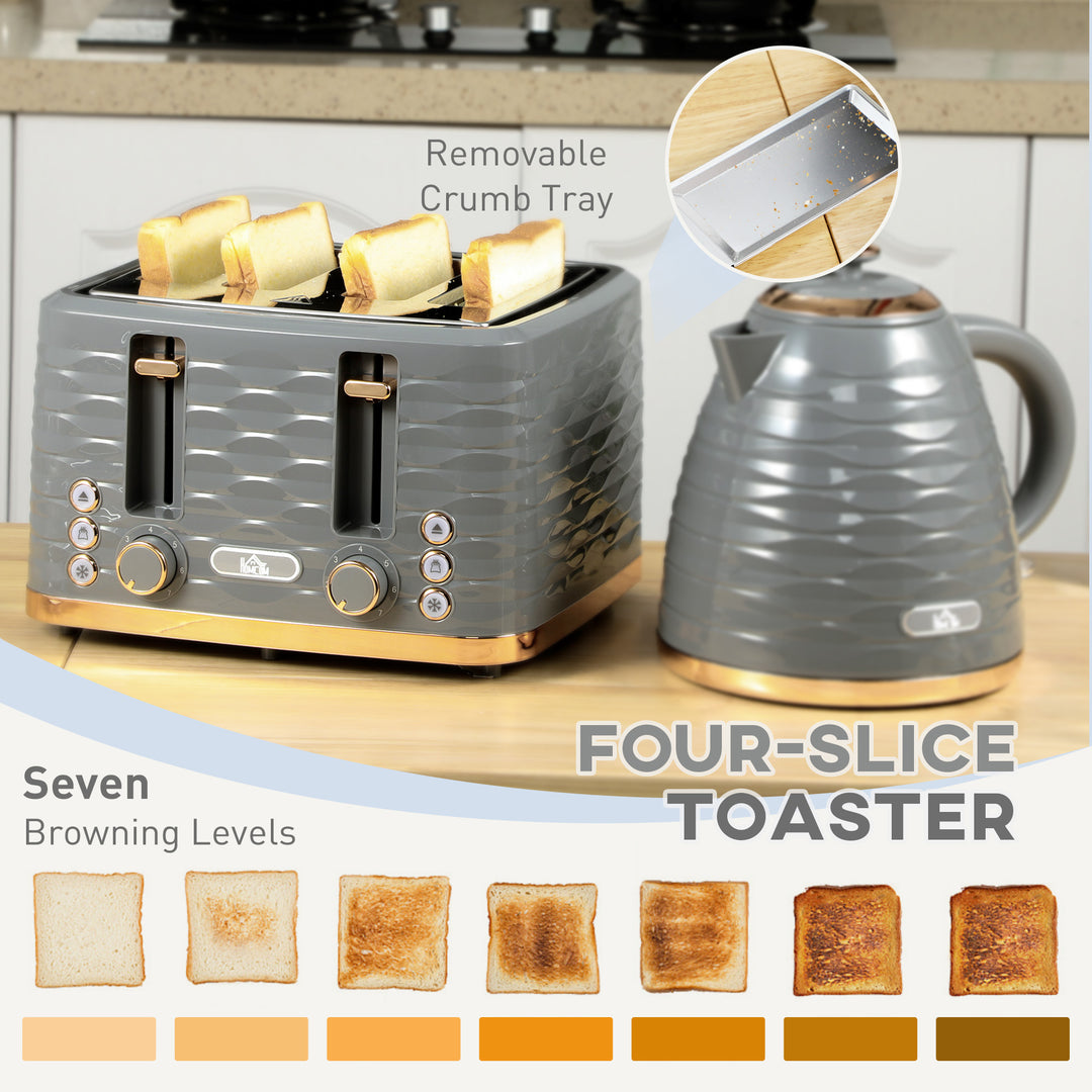 Kettle and Toaster Sets, 3000W 1.7L Rapid Boil Kettle & 4 Slice Toaster with 7 Browning Controls, Defrost, Reheat and Crumb Tray, UK Otter thermostat, Grey