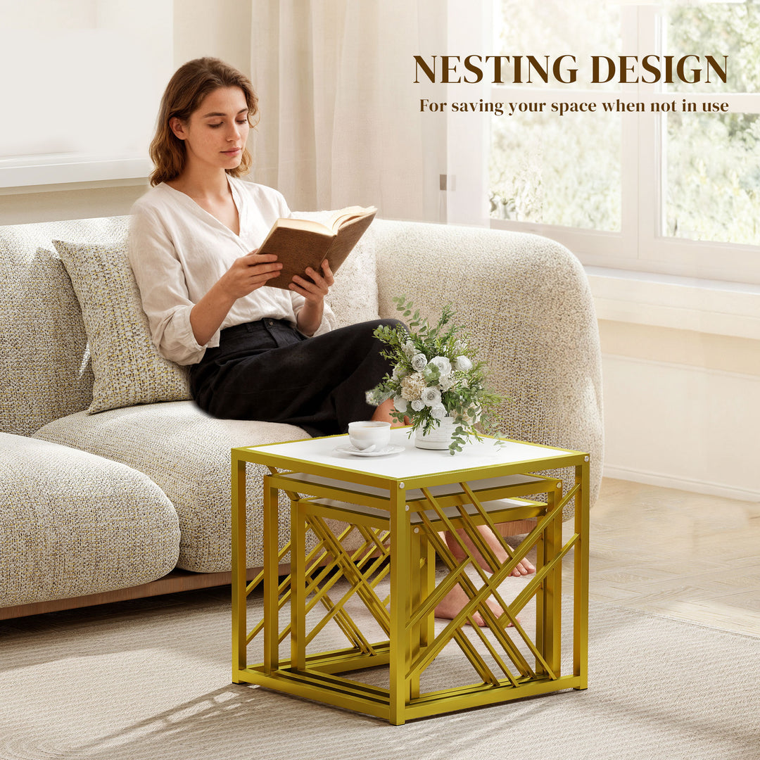 Nesting Coffee Tables, Set of 3 Square Side Tables with Gold Metal Fra