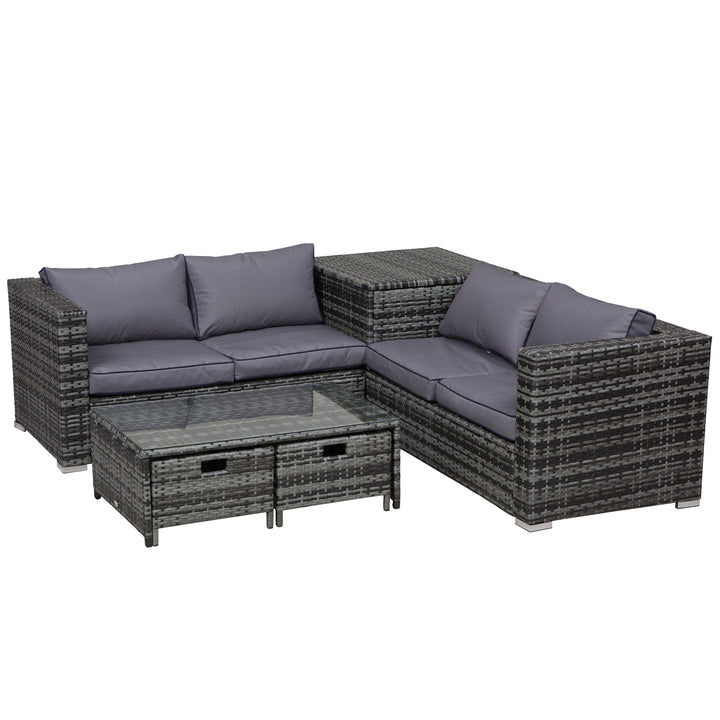 MCL 4 Pcs Rattan Wicker Garden Furniture Patio Sofa Storage & Table Set w/ 2 Drawers Coffee Table,Great Cushioned 4 Seats Corner Sofa - Grey