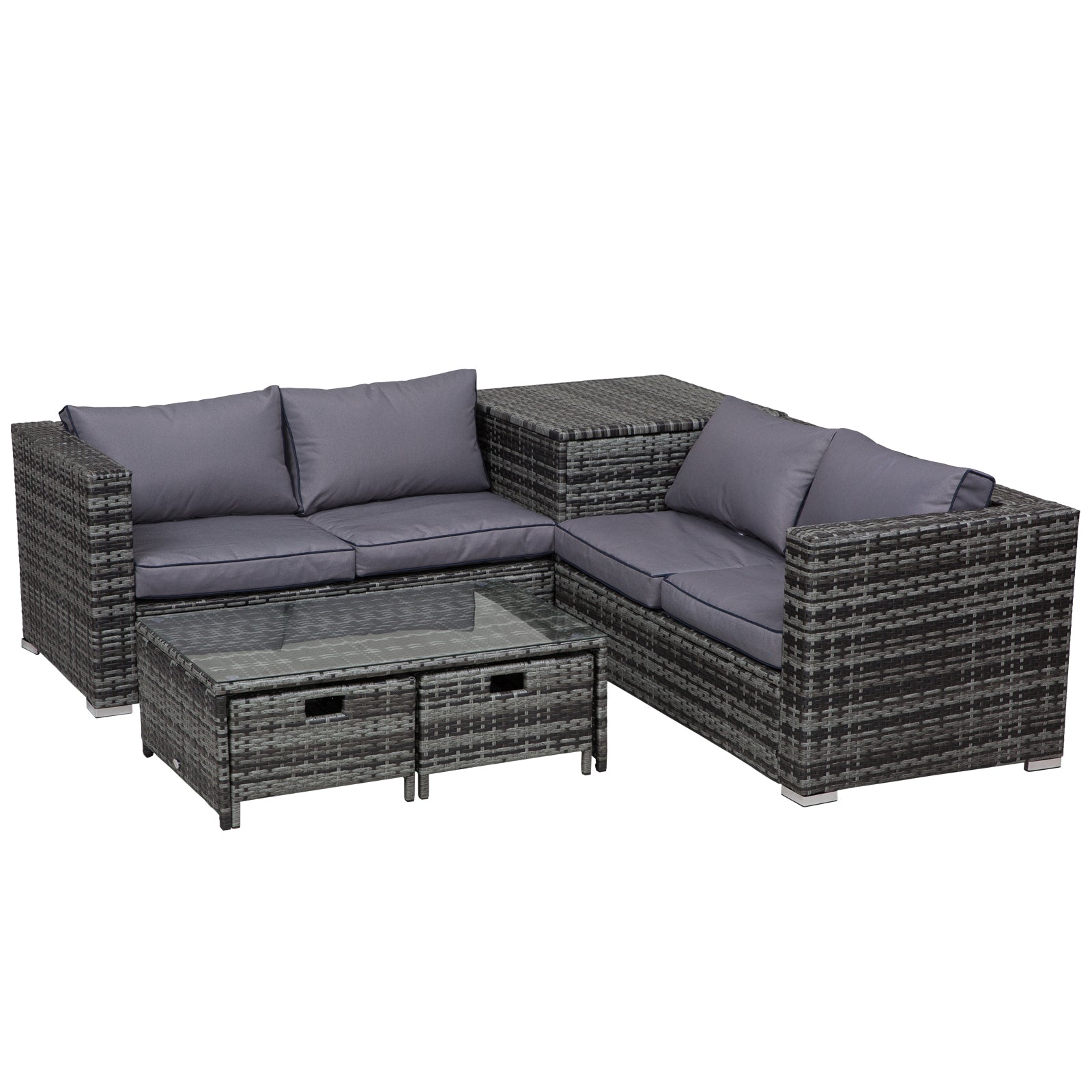 4 Pcs Rattan Wicker Garden Furniture Patio Sofa Storage & Table Set w/ 2 Drawers Coffee Table,Great Cushioned 4 Seats Corner Sofa - Grey