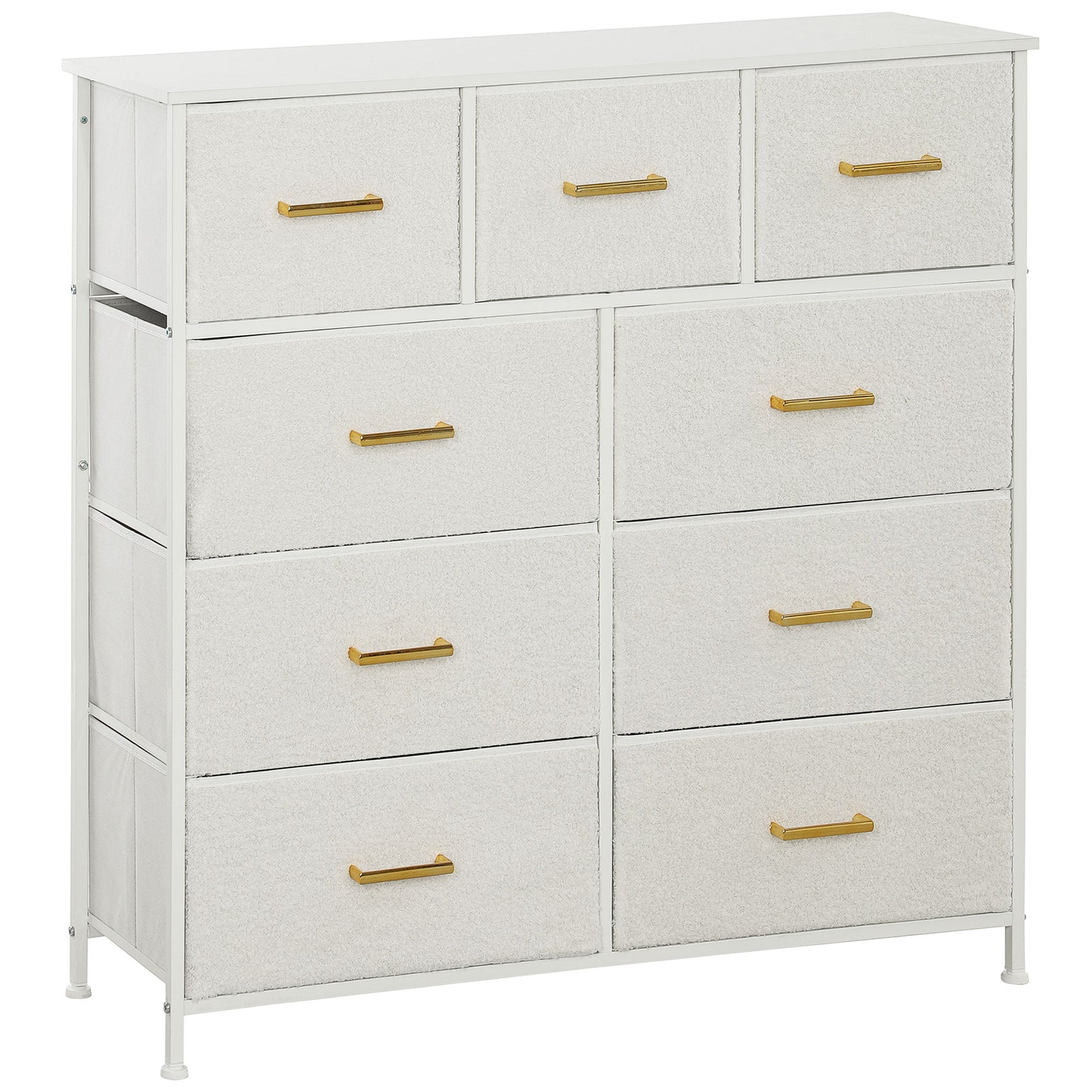 Chest of Drawers with 9 Fabric Drawers, Boucle Storage Organiser with Steel Frame, Fabric Dresser for Bedroom, Living Room, Hallway, Cream White